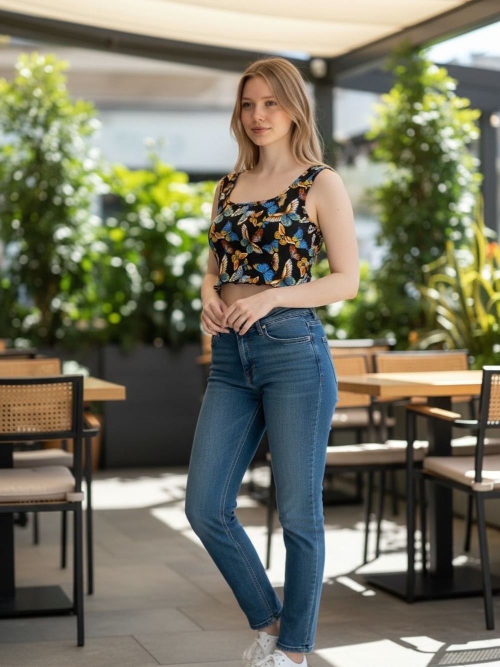 SHEIN Black Butterfly Print Crop Tank Top